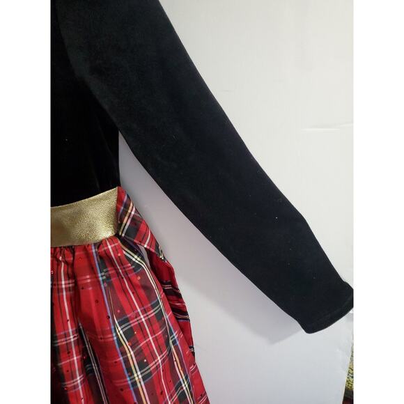 Dollie & Me Girl's Black Velvet Red Plaid Gold Bow Size 10 Tie Back Belt Buttons - Picture 5 of 15